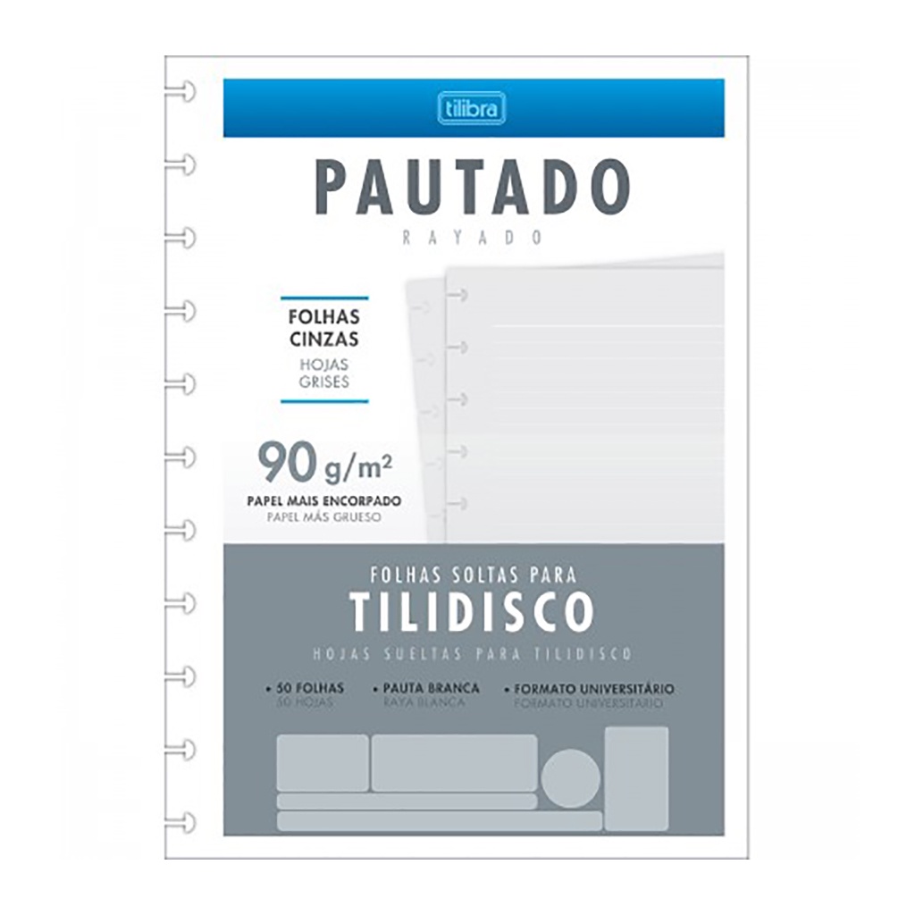 Refil para Caderno TILIBRA Tilidisco Universitário Folhas Cinzas Linhas Brancas 50 Folhas