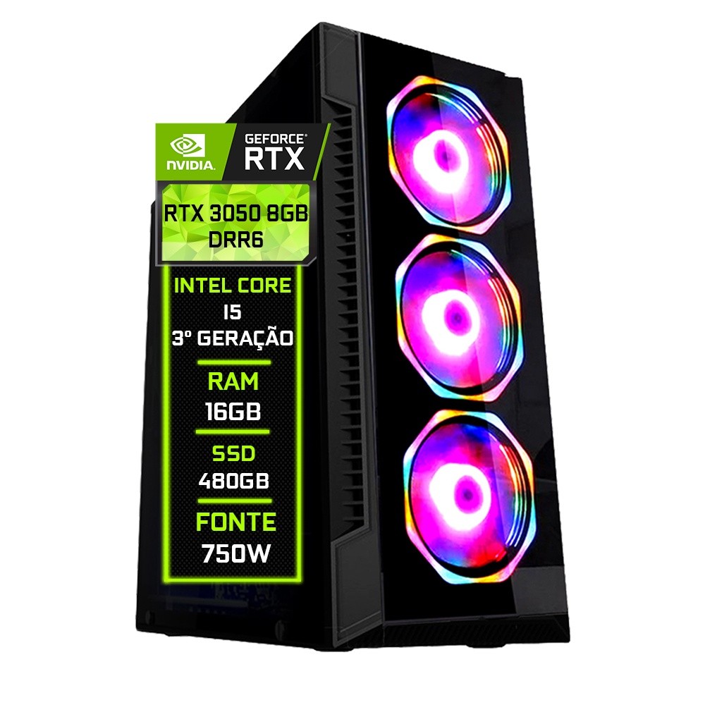 PC Gamer Fácil Intel core I5 ( 3ª Geração) 16GB RTX 3050 8GB GDDR6 SSD 480GB - Fonte 750w