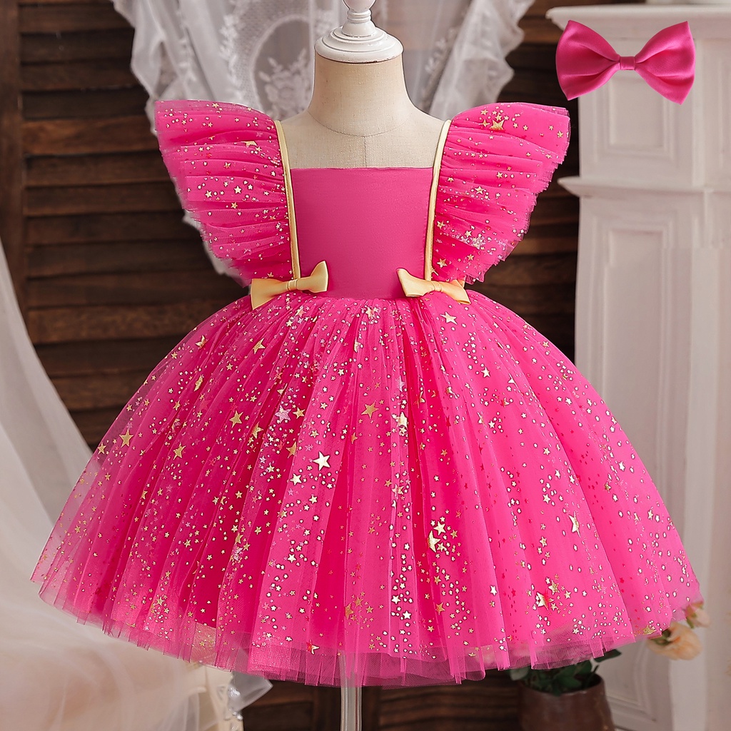 promoção vestido bebê festa vestido infantil luxo rosa laço gigante  princesa 1 e 2 anos