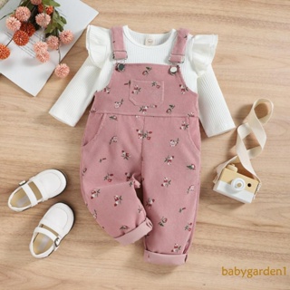 BABYGARDEN-6 Meses-4 Anos Baby Girls 2 Pieces Suit , Capas De Manga Comprida De Cor Sólida O-Neck + Conjunto De Calças Suspensas De Impressão Floral