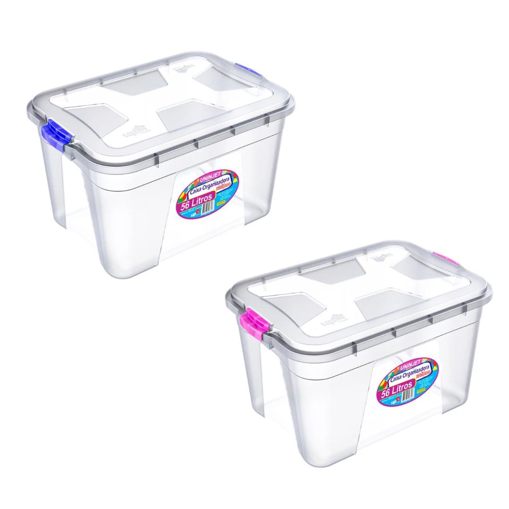 Caixa Organizadora Multiuso 56L Transparente C/ Tampa e Travas Organização Quarto Lavanderia
