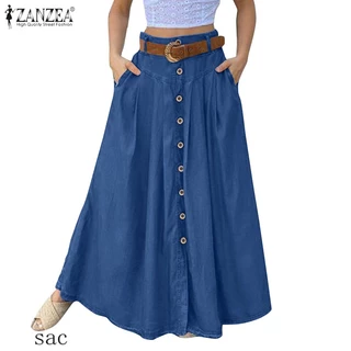 ZANZEA Saia longa feminina com botão/bolsos frontais laterais/Retro/Casual 896