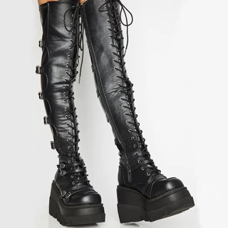 Punk estilo sexy feminino europeu e americano botas longas festa cruz amarração independente estação wish botas altas mulheres