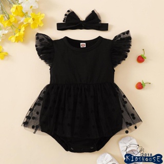 KHH-Infant Baby Girls Romper Vestido Dot Crew Neck Fly Sleeve Saias De Malha Preta Hem Jumpsuits Verão