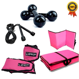 Colchonete Dobrável Rosa+ Caneleira 3 kg Rosa + Halteres 1kg + Corda