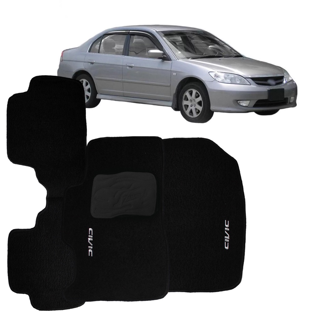 Tapete Civic 2001 a 2006 Carpete Automotivo Logo Bordado Traseira Inteiriça Preto 3 Peças