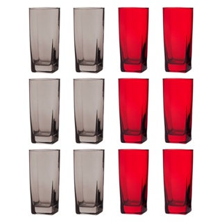 Jogo De Copos Chiques Vidro Quadrado 320ml Vermelho Luxo