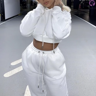 Conjunto De Moletom Feminino De 2 Peças Esportivo Aberto Navel Hoodie Tops E Calças Joggers Cor Lisa Para Menina De Manga Comprida Diário