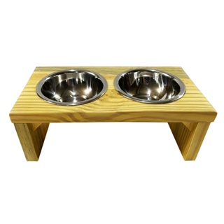 Comedouro Duplo Toronto Elevado de Madeira Com Potes Inox Luppet - Tam.P