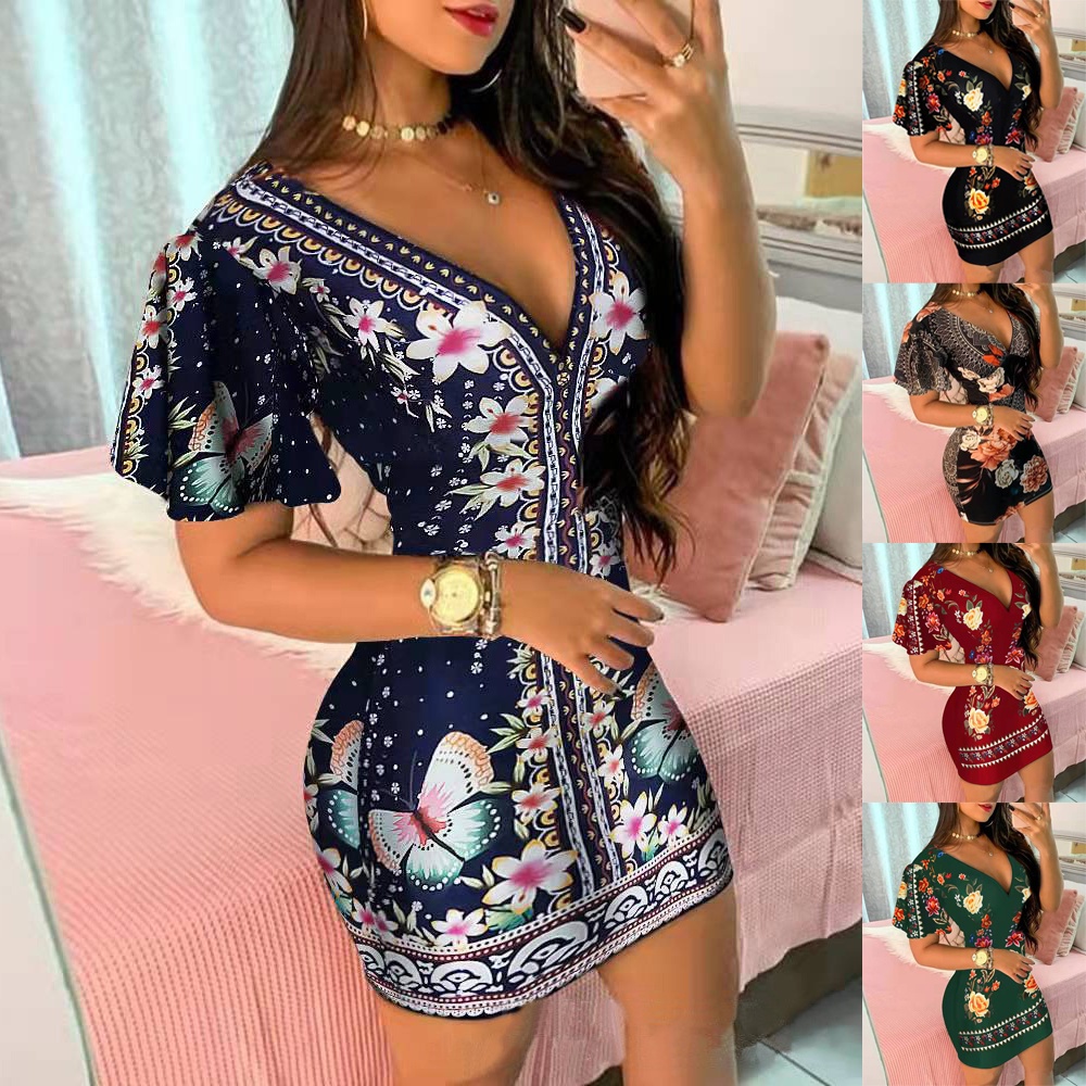 Mini Vestido Curto Feminina Manga Curta V Pescoço Floral Estampa ...