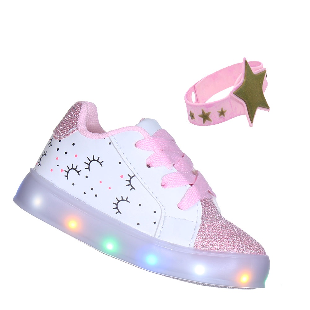 Tenis Calcado de Menina Com Luz Led Pisca Infantil Feminino Com Pulseira