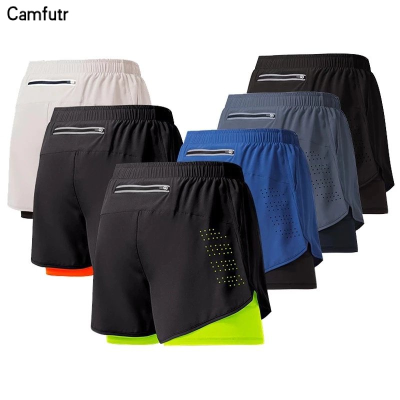 Shorts esportivos masculinos de secagem rápida, shorts pretos de dupla camada, treino de corrida, musculação, calças curtas