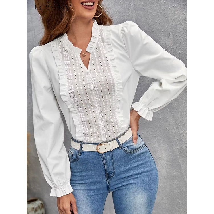 Elegante Costura Feminina Blusas Elegantes Moda Puff Manga Longa Top Branca  Jovem Mulher 2023 Novo