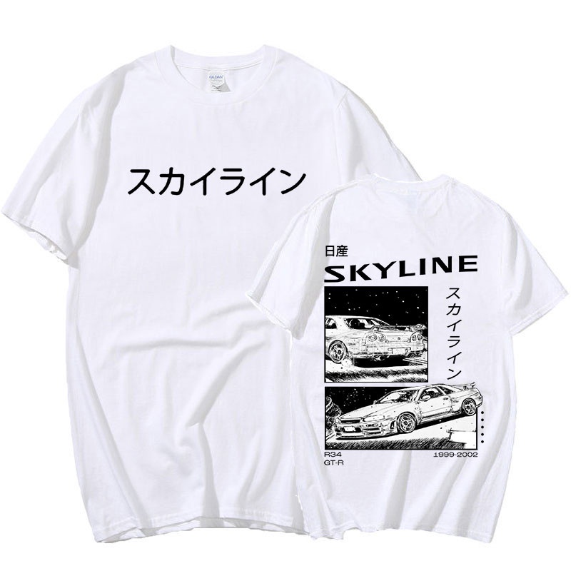 Camiseta Anime Japonês AE86 Inicial D Dupla Face Gola Redonda Manga Curta Verão Casual Unissex R34 Skyline GTR JDM
