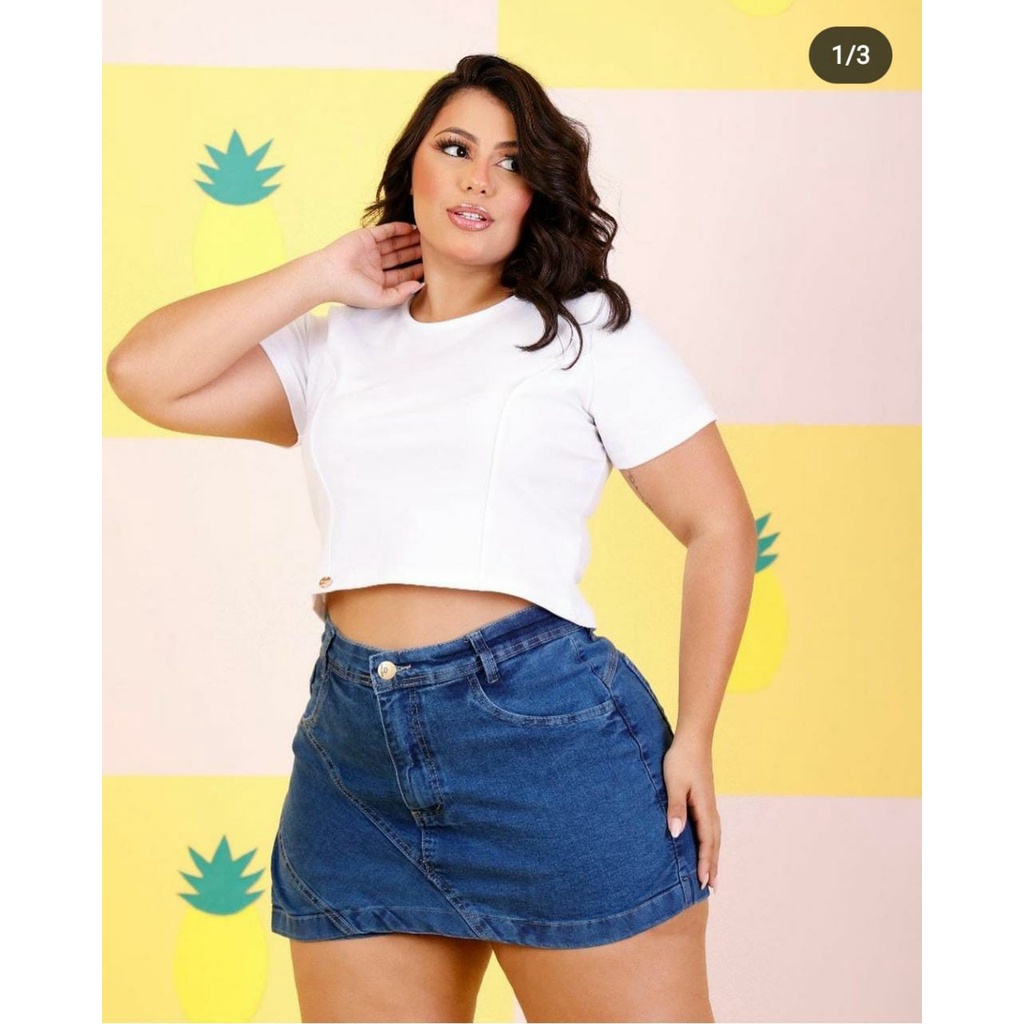 Short Saia Jeans Feminino Plus Size Cintura Alta Com Lycra E Detalhes