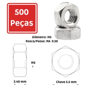 Porca Sextavada M3 x 0,50 Zincada - 500 Peças