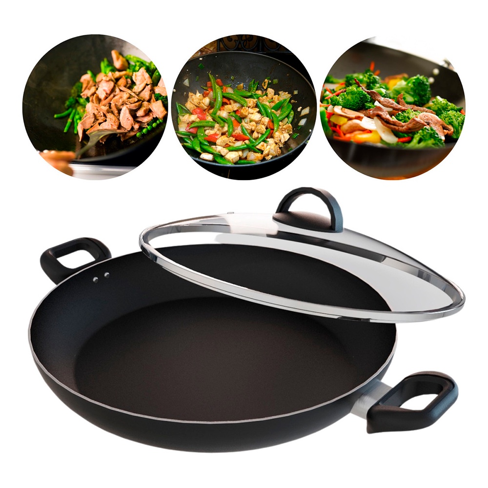 Panela Wok Yakissoba Antiaderente Preta com Tampa de vidro Original ...