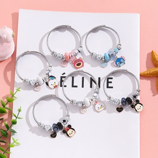 【 Ready Stock 】 Stainless Pulseira De Aço Com Banho De Prata Para Mulher Cartoon De Moda Diasy Strawberry Bear Pendant Não Desbotar Pulseiras Contas Abertas