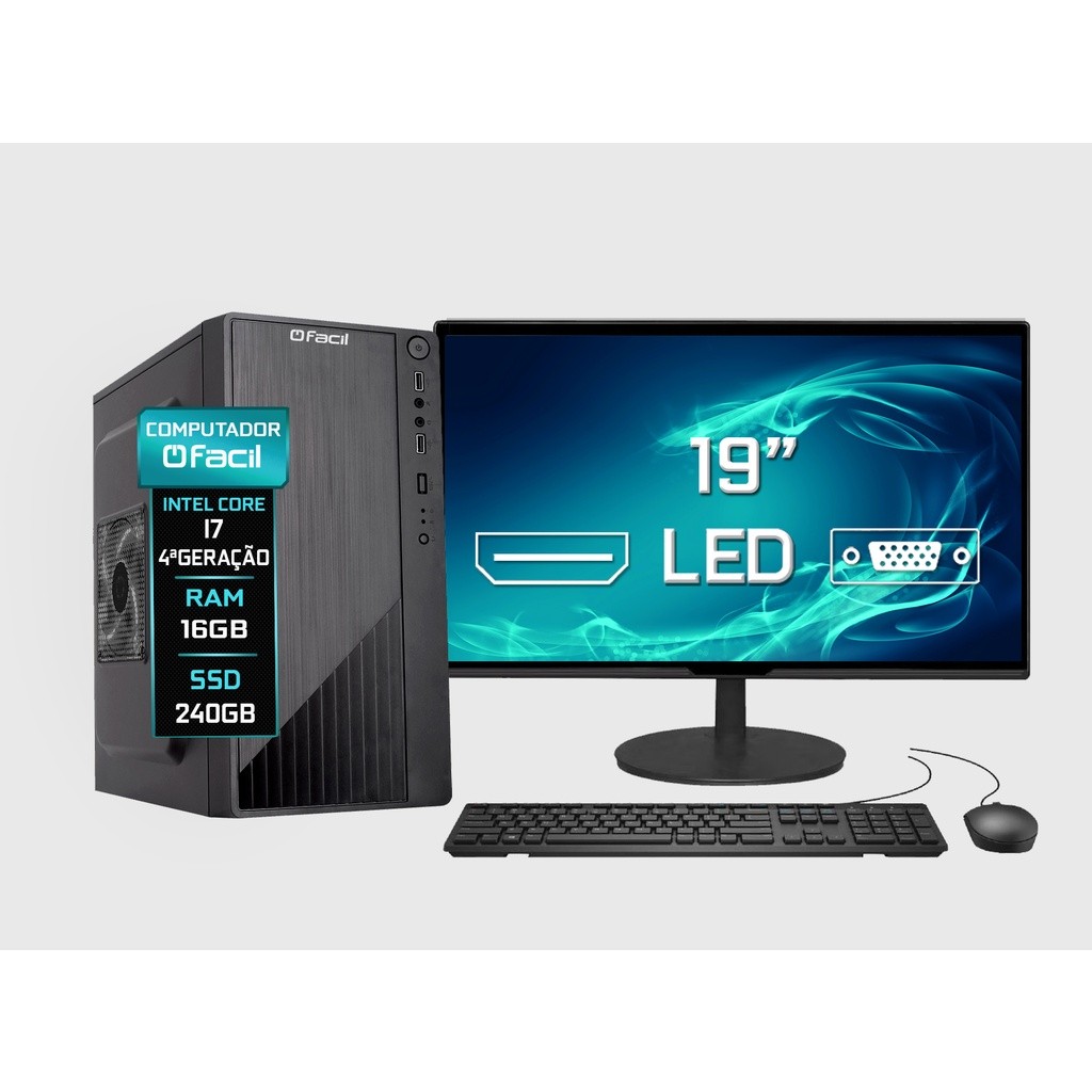 Computador Completo Fácil Intel Core I7 (4ª Geração) 16GB SSD 240GB - Monitor 19" Led Teclado e Mouse