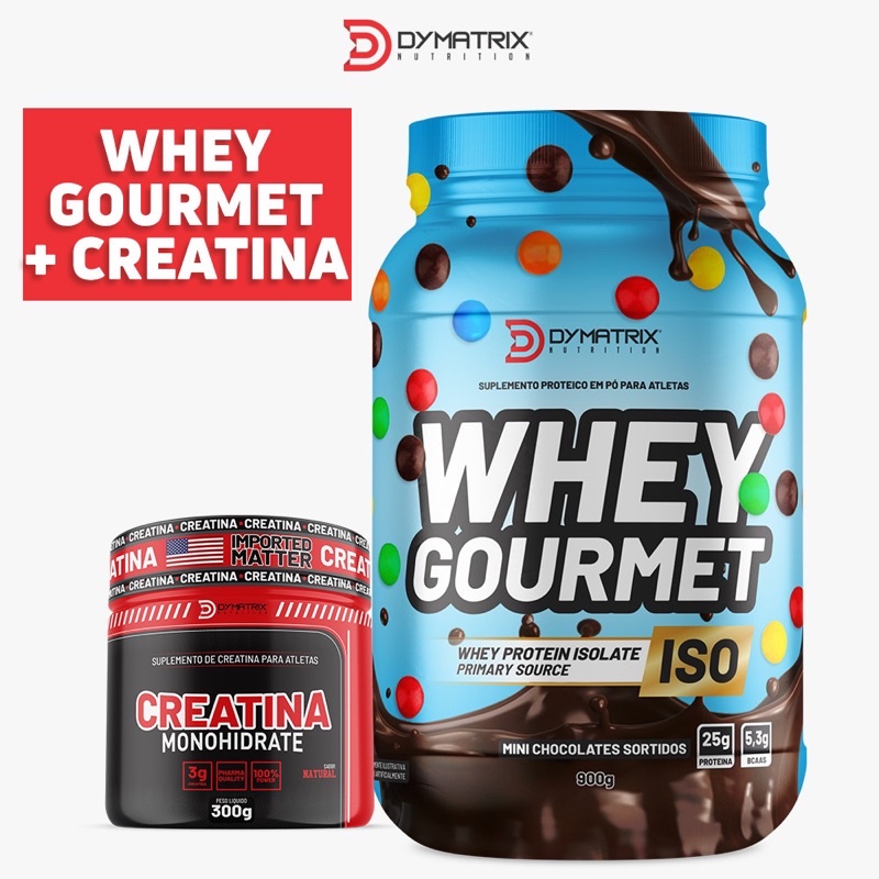 kit 01 whey gourmet confeite chocolate + 01 creatina dymatrix