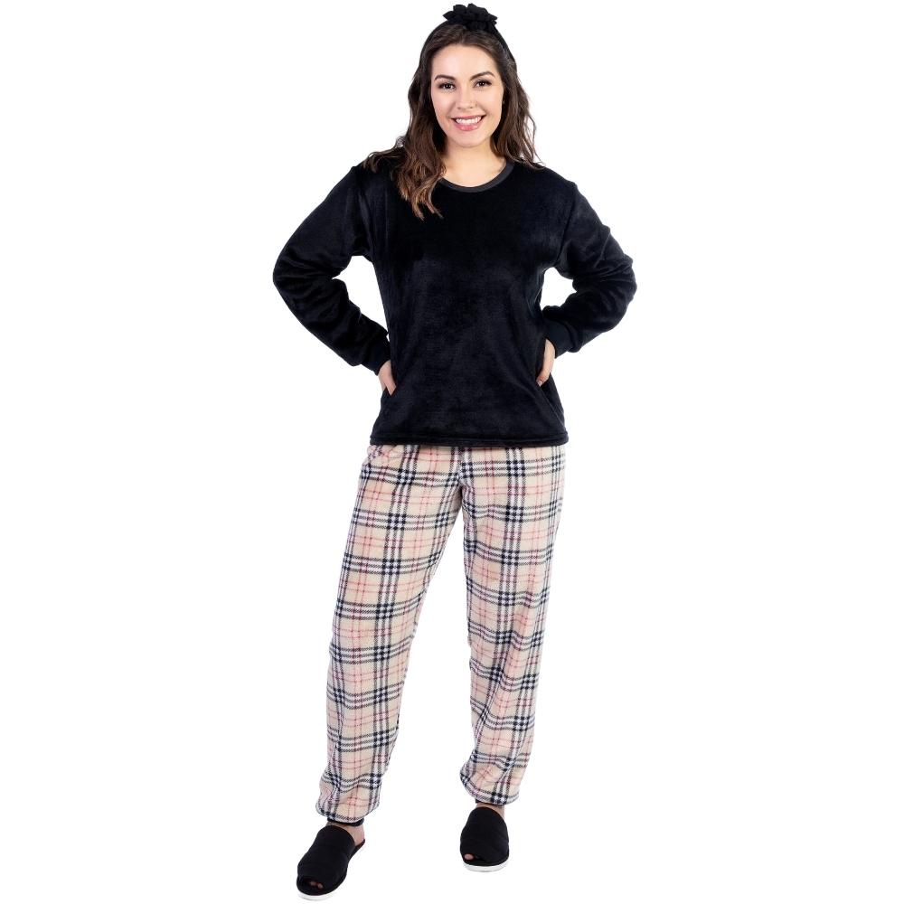 Pijama Feminino Peluciado De inverno Flanelado Blusa Manga Longa e ...