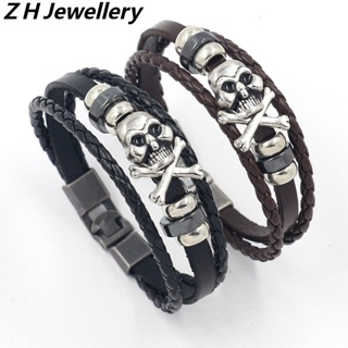 [Z H Jóias] Pulseira De Couro Vintage Rock Skull Genuine Leather Bracelet Moda Masculina E Feminina Aço Inoxidável Multilayer Beaded PU Punk Party Jewelry Acessórios