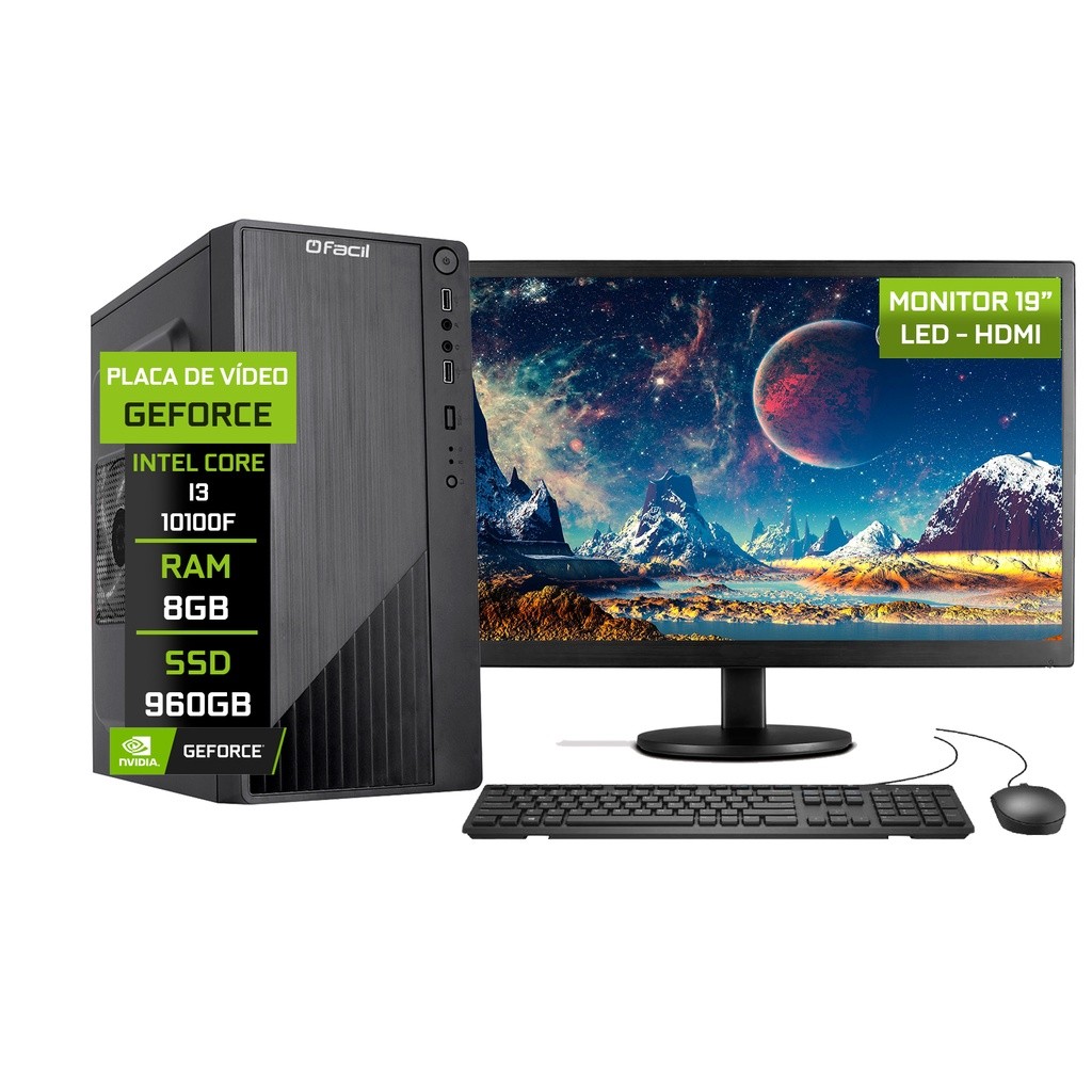Computador Completo Fácil Intel Core i3 10100f (Décima Geração) 8GB DDR4 Geforce Nvidia 1GB SSD 960GB Monitor 19" HDMI