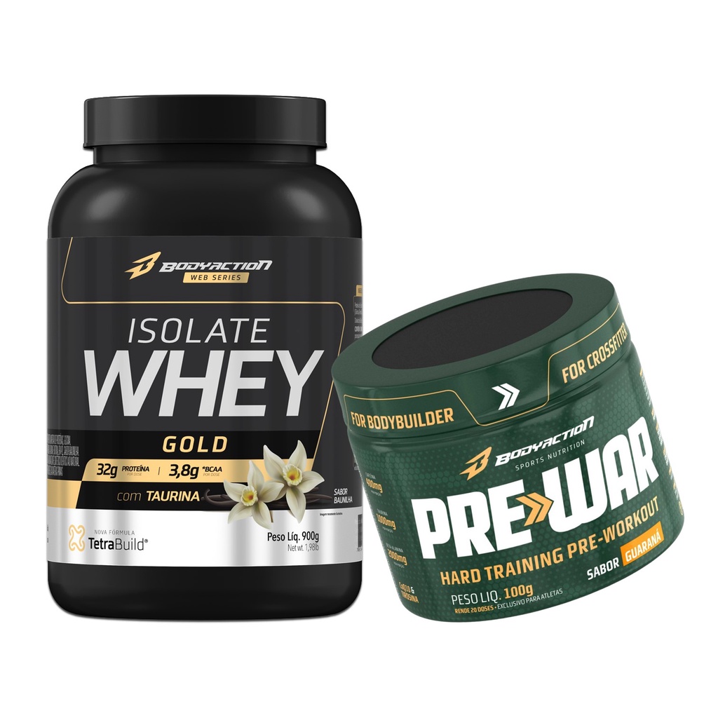 Whey Protein Isolado e Hidrolisado Isolate Gold Zero Lactose 900g + Pré Treino Pre-War 100g Bodyaction