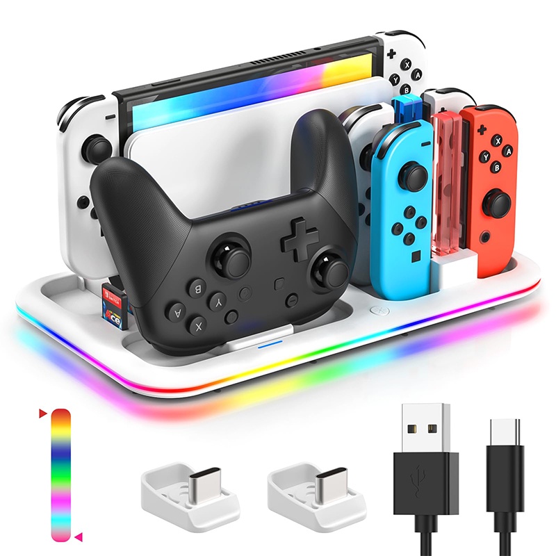 Estação organizadora de jogos Switch com carregador controlador, base de  carregamento para Nintendo Switch e Joycons OLED, armazenamento e  organizador