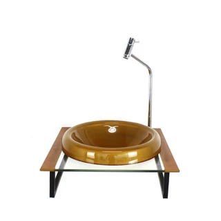 GABINETE COM CUBA DE VIDRO CHAPEU 10MM COM TAMPO 40CM DOURADO REAL