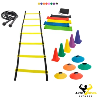Kit Treino Funcional Agilidade Escada 7 Degraus 5 Cones 5 Chapéus 1 Kit Mini Bands 1 Corda de Pular