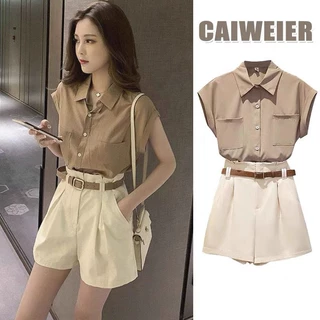 Conjunto De Camisas Femininas Moda Coreana Top + Casual Calças Curtas Duas Peças