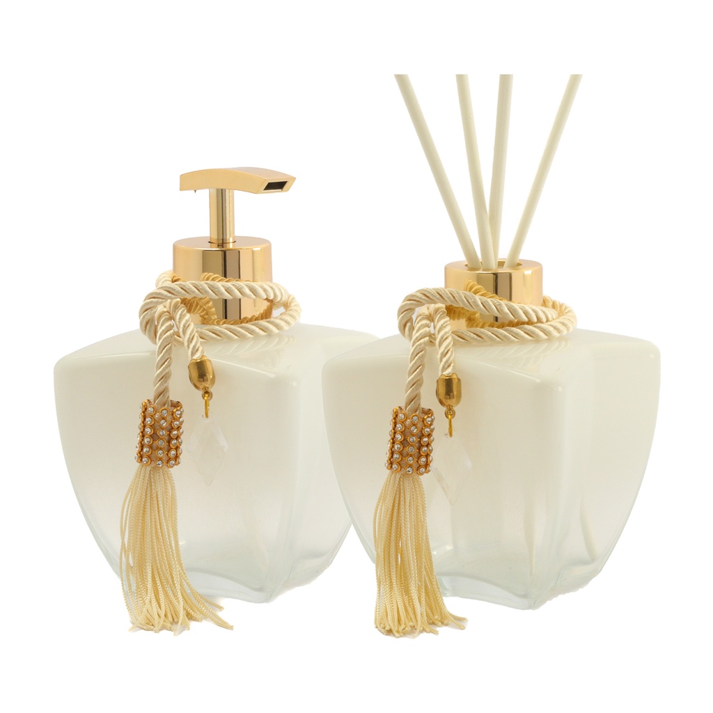 Kit Vidros Banheiro Luxo Degrade Branco Porta Sabonente E Difusor