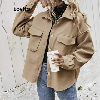 Lovito Jaquetas Longas com Gola e Mangas Compridas com Bolsos para Mulheres LNE09126 (Caqui)