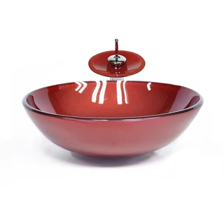 CUBA DE VIDRO REDONDA 31CM VERMELHO CEREJA + VALVULA + TORNEIRA CASCATA