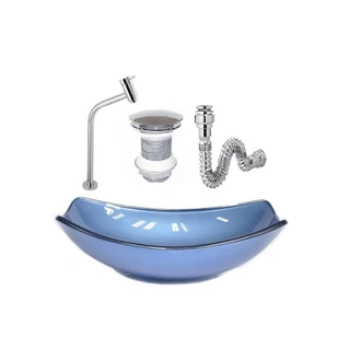 CUBA DE VIDRO OVAL CHANFRADA 46CM AZUL + VALVULA + TORNEIRA + SIFAO