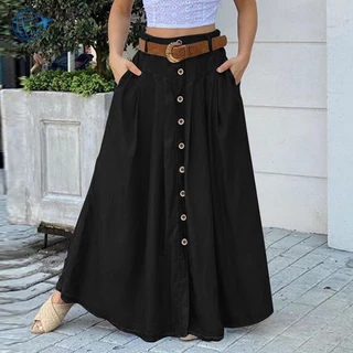 Saia longa com botão/bolsos frontais laterais/Retro/Casual