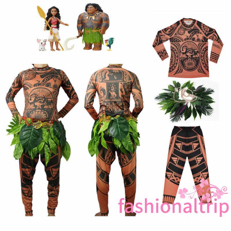 XsP-Halloween Moana Maui Tattoo Suits Family Matching Cosplay Roupas De Com Decoração De Folhas