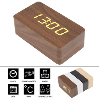Despertador LED De Madeira Relógio De Voz Controle Data Temperatura Rectângulo Digital De Bambu Relógios De Mesa