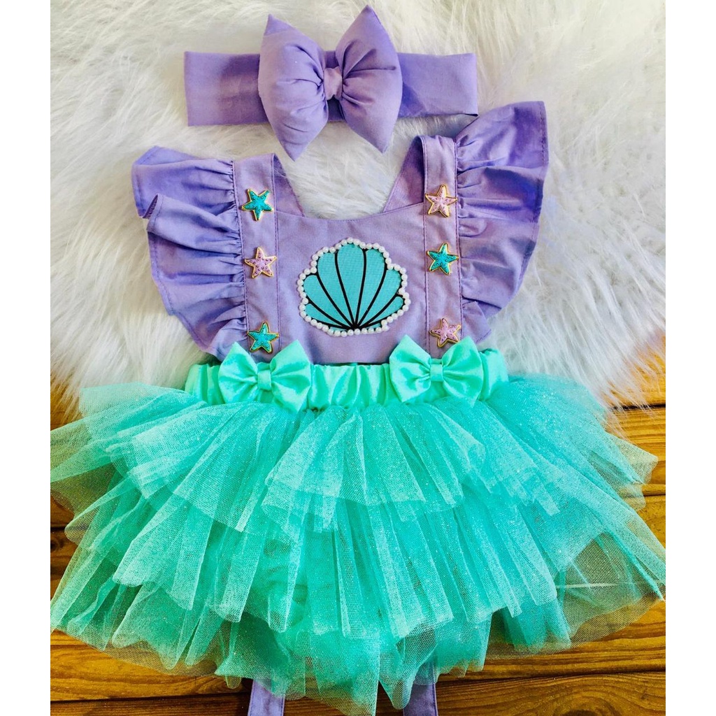 Kit Vestido infantil Princesa Ariel + laço cabelo + saia de filó