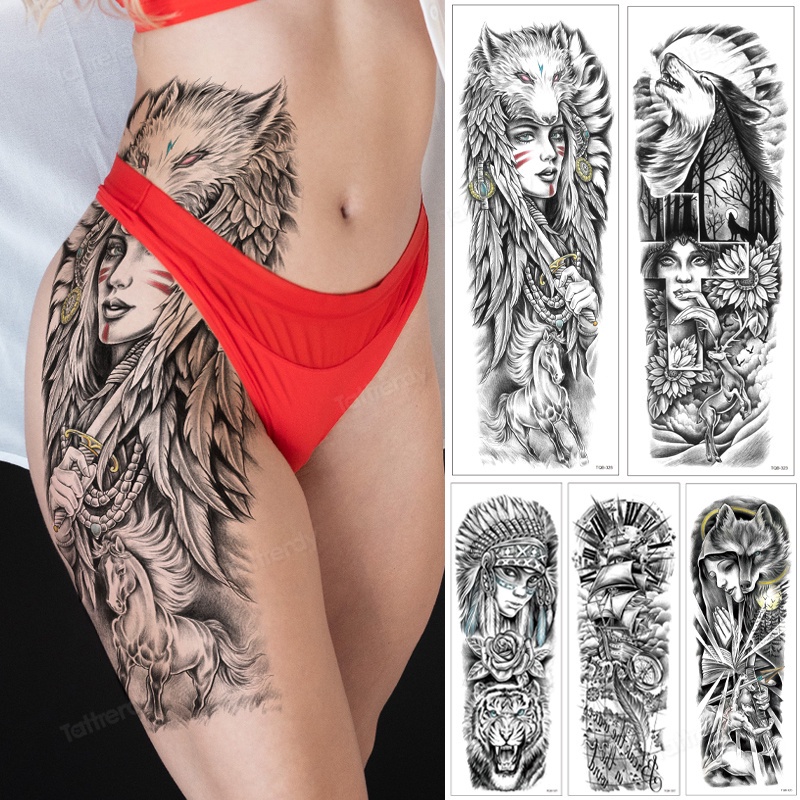 Lobo Leão Totem Tatuagem Temporária Adesivos Grande Braço Cheio Manga Perna Sexy Pintura Corporal Tatuagens À Prova Dwaterproof Água Falso Feminino Adulto Decalque