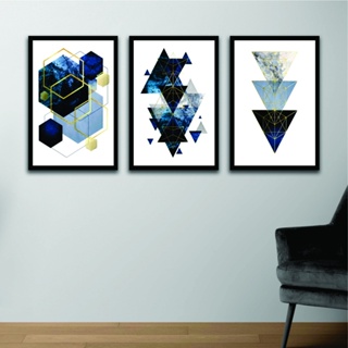 Kit de Quadros Decorativos com Moldura de Madeira Geométrico Azul Forma Abstrata para Decoração de Sala, Quarto e outros Ambientes