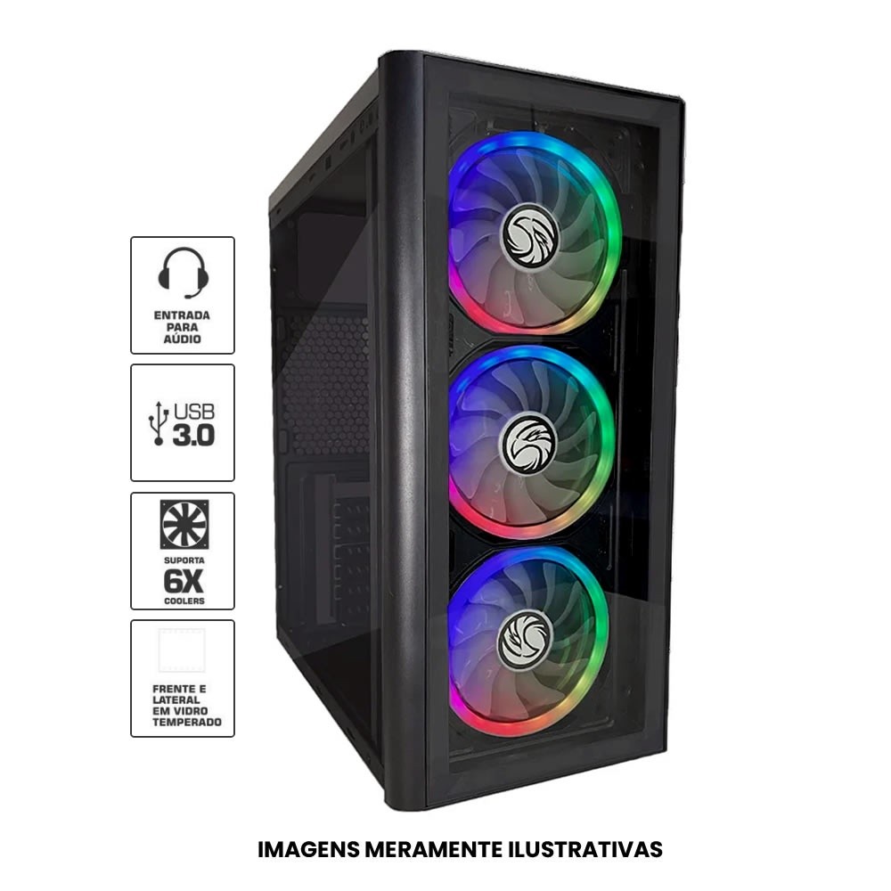 Gabinete Gamer Frontal e Lateral de Acrílico, USB, Áudio Com Garantia C2-2901 fans não inclusas