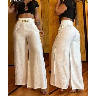 Summer Chain Decor High Waist Wide Leg Pants 2023 Spring Elegant Women Black Casual Pocket Loose Street Calças De Rua Y2k Long Pant