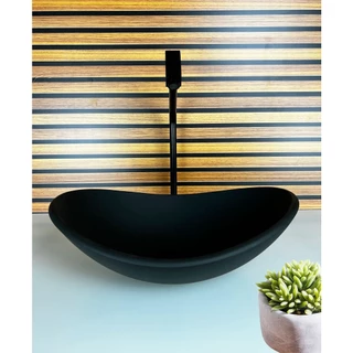 KIT CUBA VIDRO OVAL 47CM + TORNEIRA + VALVULA PRETO FOSCO