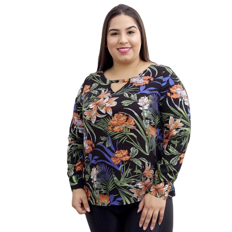 Blusa Plus Size Feminina Manga Longa Estampada Sku:bp17