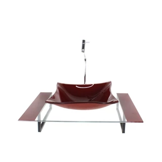 KIT CUBA DE VIDRO RETANGULAR COM TAMPO 60CM VERMELHO CEREJA E SUPORTE PRETO