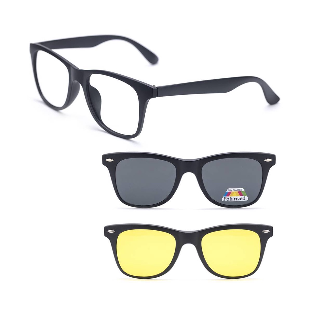 Armação de Oculos Grau e Sol Preto Polarizado Clip On 3 em 1 Masculino Troca Lente Amarelo Dirigir a Noite Mod 2208