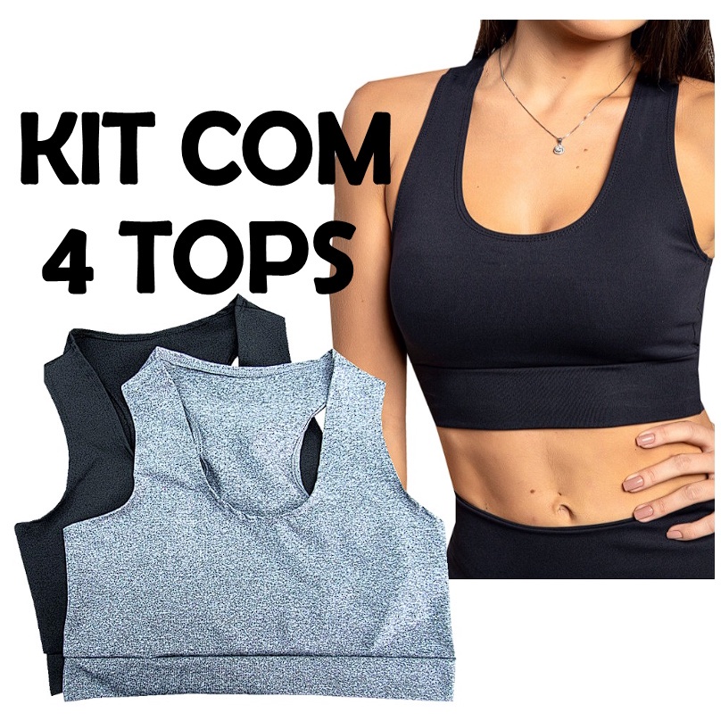 Kit com 4 Tops Alta Sustentação Treino Academia Caminhada Dia a Dia ...