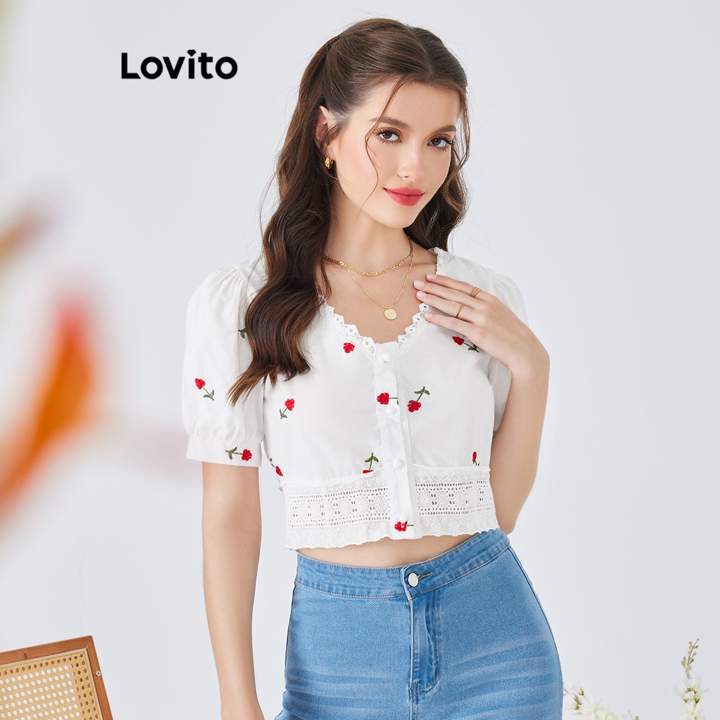 Lovito Blusa Fofo Floral com Bordado em Formato de Renda e Manga Bufante para Mulheres L54ED021 (Branco)
